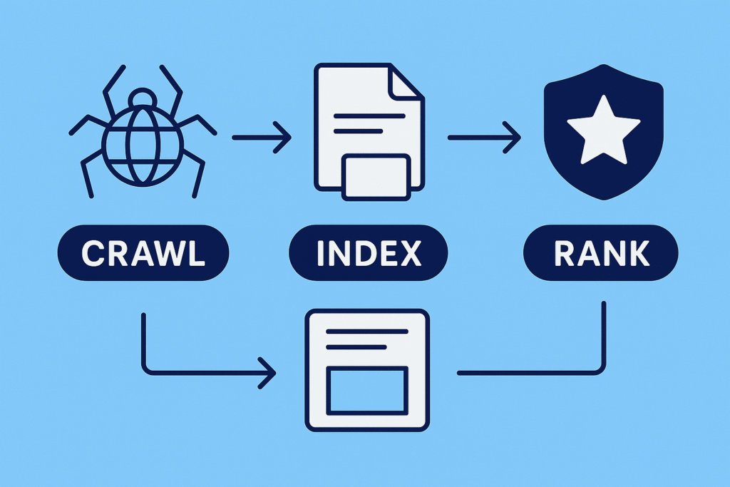 Flow diagram showing how pages are crawled, indexed, and ranked in search engines