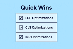 a clean, skimmable visual highlighting the most impactful optimizations for Largest Contentful Paint (LCP), Cumulative Layout Shift (CLS), and Interaction to Next Paint (INP