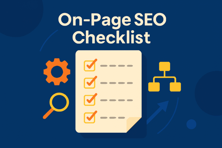 Visual showing text On‑Page SEO Checklist on top and a checklist illustration showing checkmarks